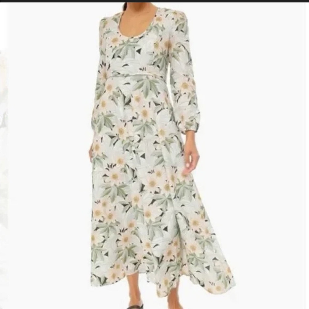 Tuckernuck Madison Linen Des Fleurs Green and Cream Floral Maxi Dress Size Small